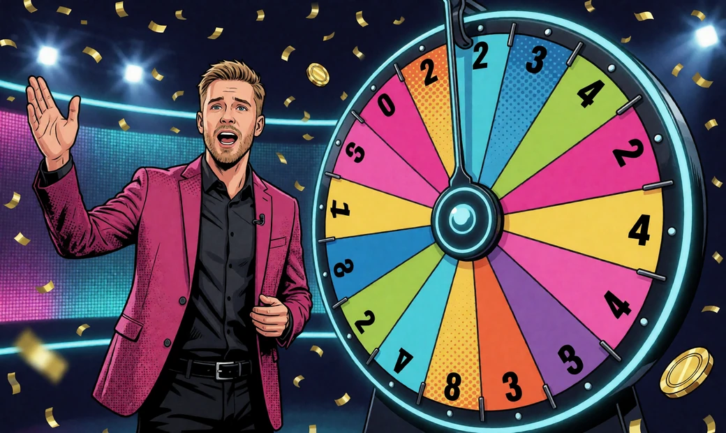 Pop-Art-Moderator vor einem Rad mit Multiplikatorfeldern - Game Shows wie Crazy Time im Live-Casino