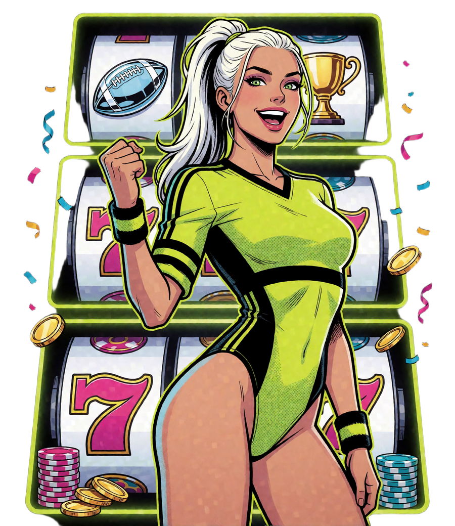 Pop-Art-Sportlerin an leuchtenden Slot-Walzen mit Fu&szlig;ball- und Troph&auml;ensymbolen - Slot Spiele bei Zoccer Casino