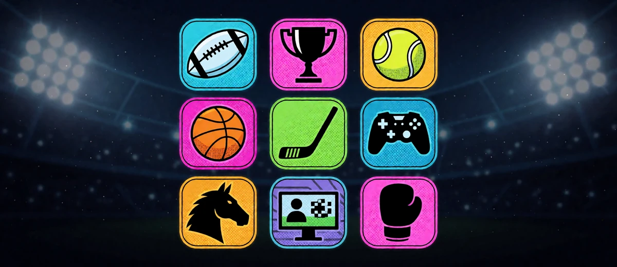 Icon-Raster der Sportarten bei Zoccer: Fu&szlig;ball, Pokal, eSports, virtueller Sport und Pferderennen