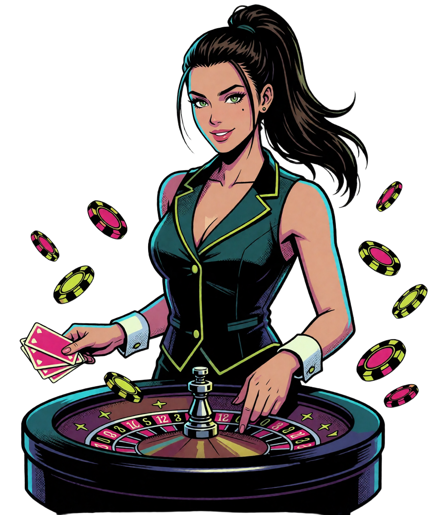 Pop-Art-Dealerin dreht das Roulette-Rad mit fliegenden Chips - Live Casino Deutschland bei Zoccer