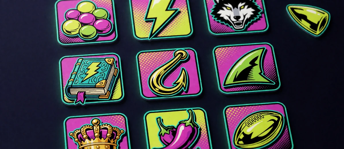 Raster stilisierter Slot-Kacheln mit Cluster-, Multiplikator- und Jackpot-Symbolen zur Titel-&Uuml;bersicht bei Zoccer Casino