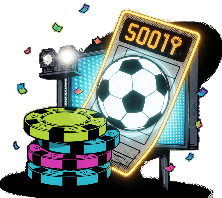 Pop-Art-Wettschein vor leuchtender Stadionanzeigetafel mit Fu&szlig;ball und Chips - Sportwetten bei Zoccer Casino