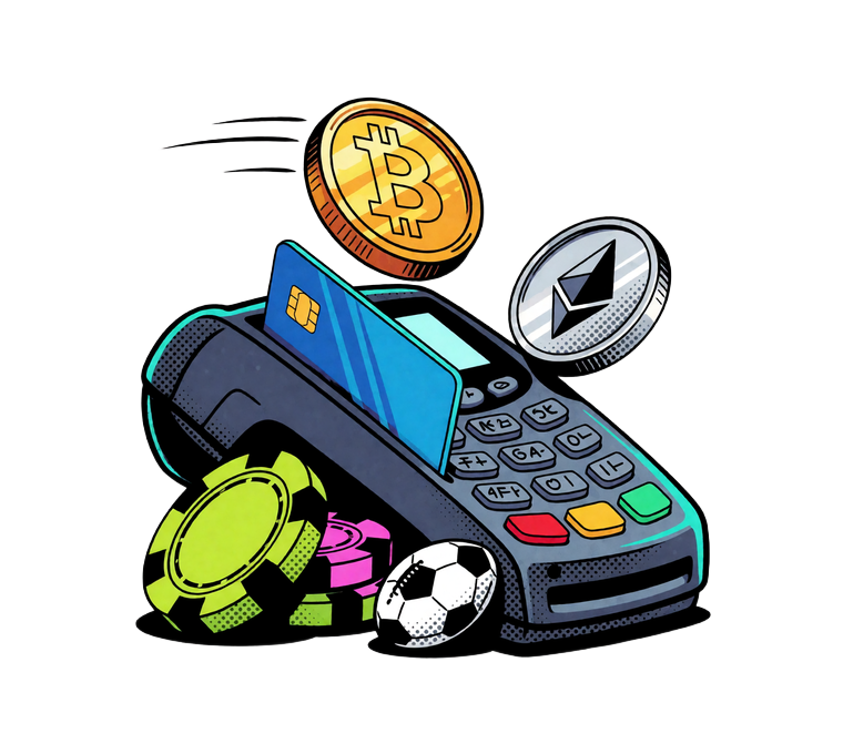 Pop-Art-Zahlungsterminal mit Bankkarte, Krypto-Token und Casino-Chips als Symbol f&uuml;r Ein- und Auszahlung im Online Casino