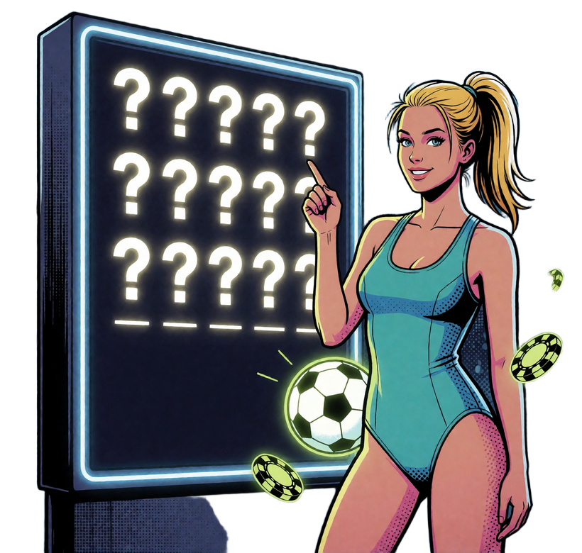 Pop-Art-Anzeigetafel mit aufgereihten Fragezeichen und Sportlerin - FAQ-&Uuml;bersicht zu Zoccer Casino