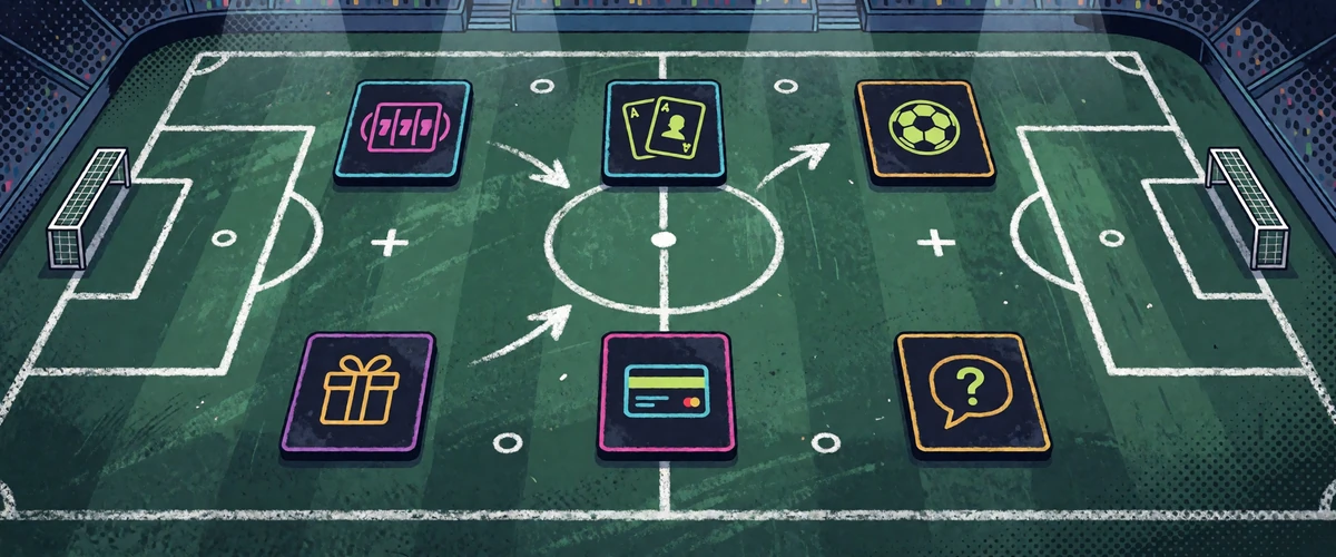 Taktiktafel mit sechs Spielpositionen f&uuml;r Slots, Live-Casino, Sportwetten, Bonus, Zahlungen und FAQ