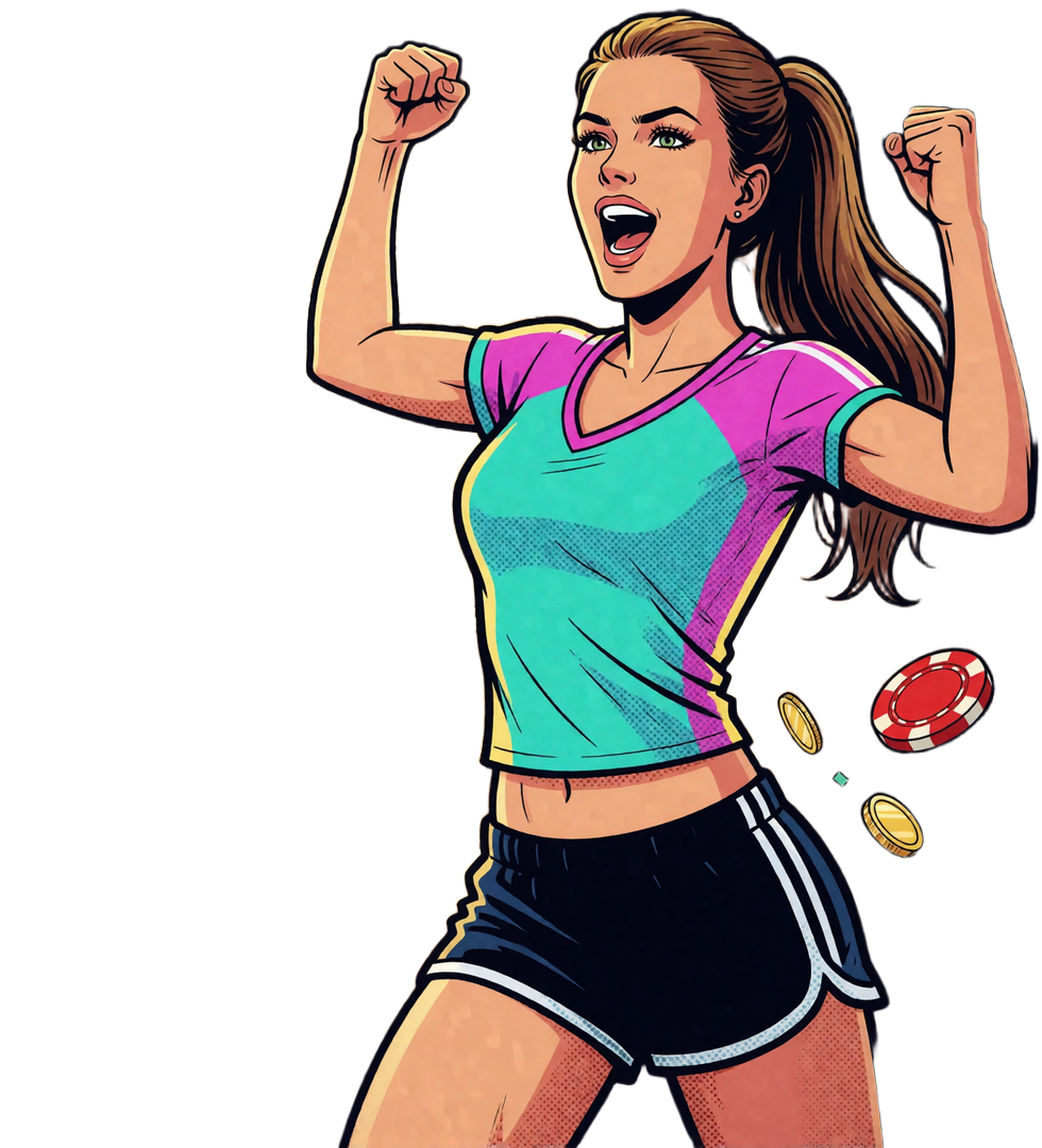 Pop-Art-Sportlerin jubelt am leuchtenden Jackpot-Fu&szlig;ball - Matchnight bei Zoccer Casino